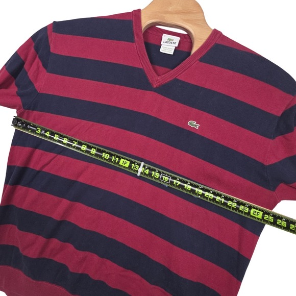 Lacoste V-Neck Sweater Men's Size 9 Navy Red Striped Cotton Pullover Big Tall - Picture 8 of 10